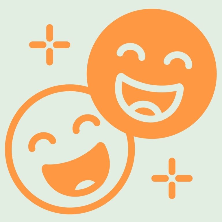 Deux visages souriants aux couleurs orange, entourés de petites étoiles.