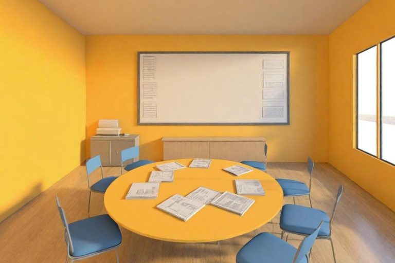 Salle de réunion avec des murs jaunes, une table ronde orange et des chaises bleues.