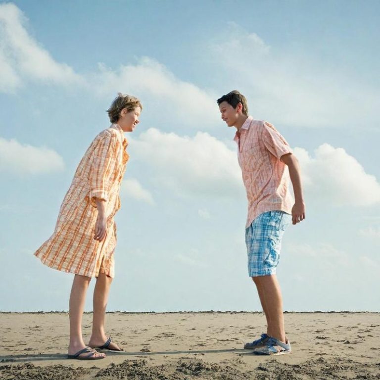 Deux adolescents échangent des sourires sur une plage ensoleillée.
