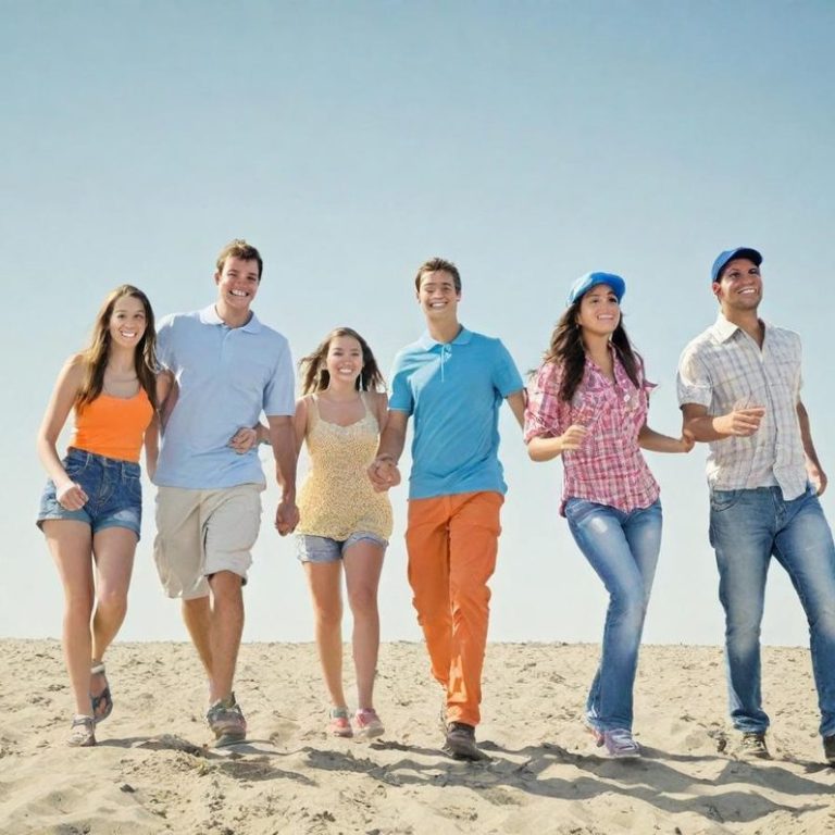 Un groupe de jeunes marchant sur une plage ensoleillée, souriants et détendus.